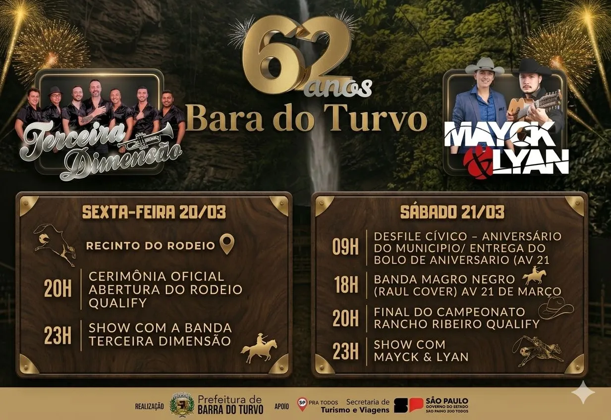 Barra do Turvo celebra 62 anos com grande festa nos dias 20 e 21 de março