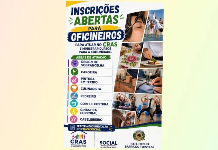 Abertura de inscrições para oficineiros no âmbito do CRAS
